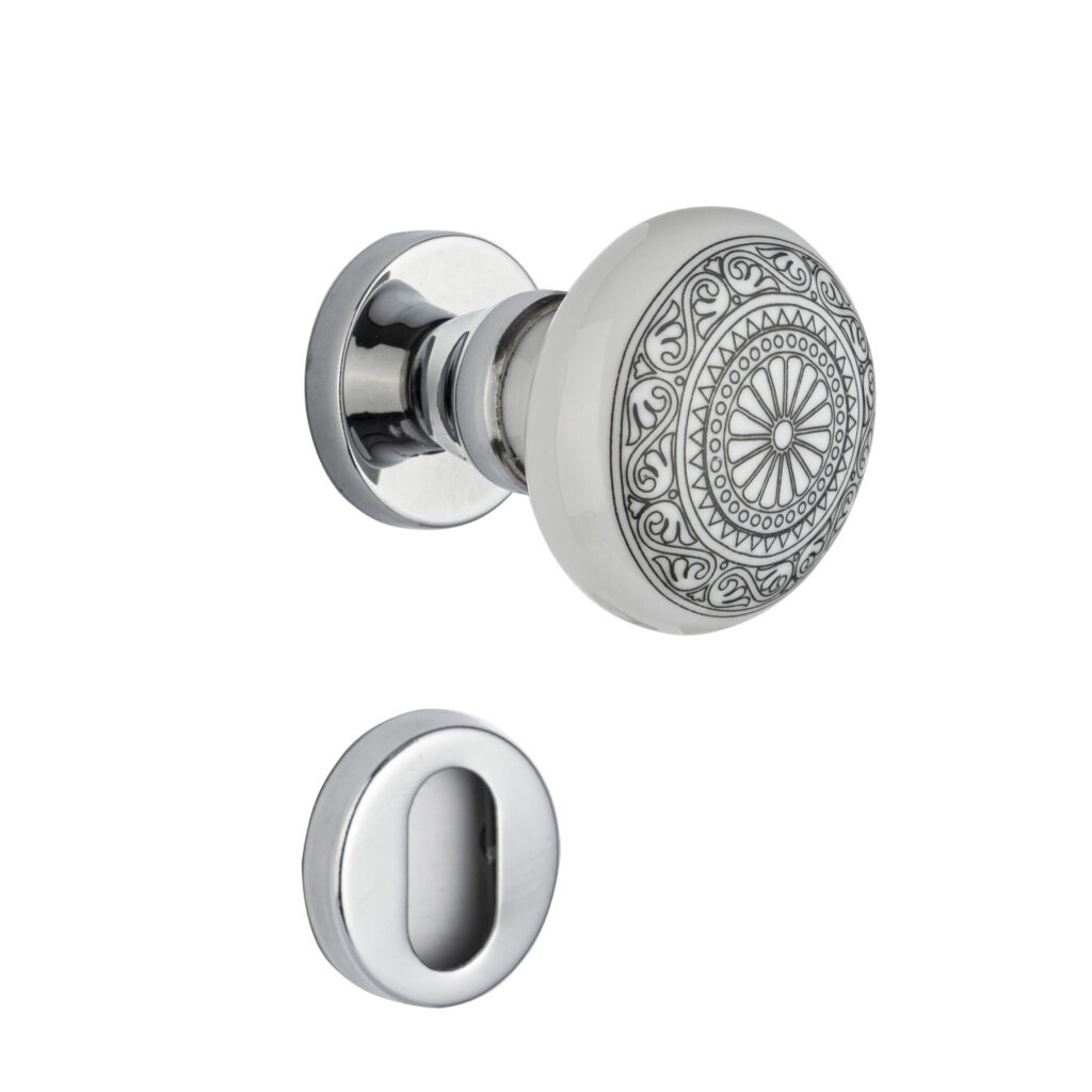 Maçaneta de porcelana tipo bola estampa mandala e latão antique favorita