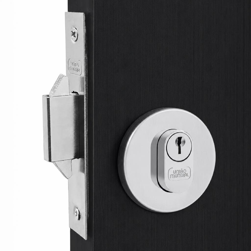 Fechadura para porta de correr externa máquina 45mm com roseta redonda oxidada União Mundial